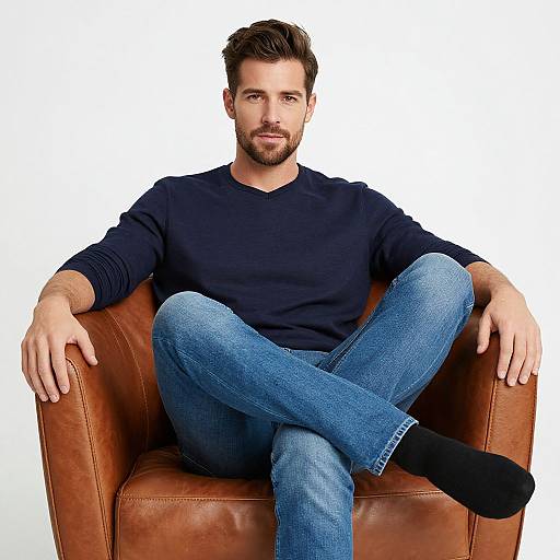 Photograph of a handsome, bearded man with short brown hair, wearing a navy sweater, blue jeans, and black socks, casually sitting in a