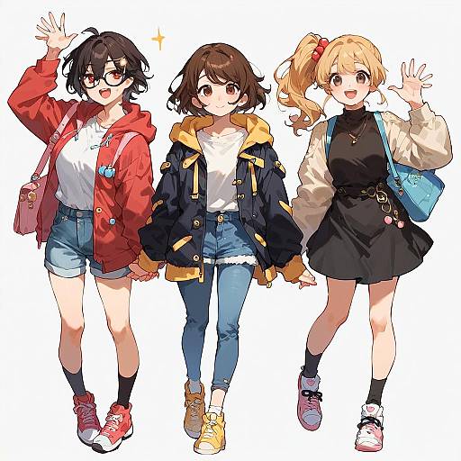 Three Anime Girls Waving and Holding Hands