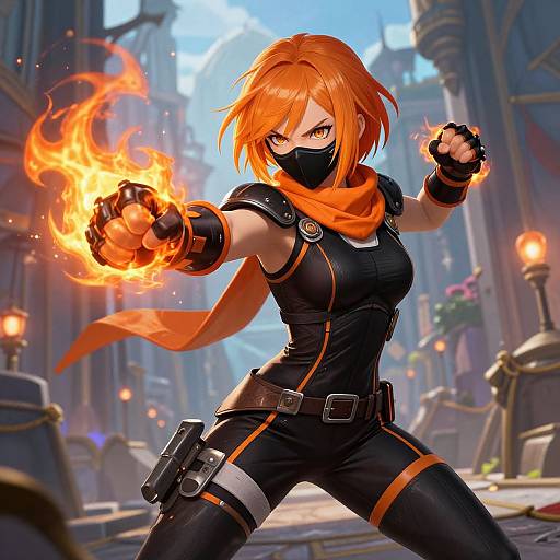 Digital illustration of a fierce, orange-haired ninja woman with a black outfit, orange scarf, and black mask, casting fire from her fists in a bustling