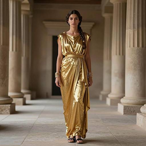 Woman in Golden Greek Empress Dress in Temple Hallway