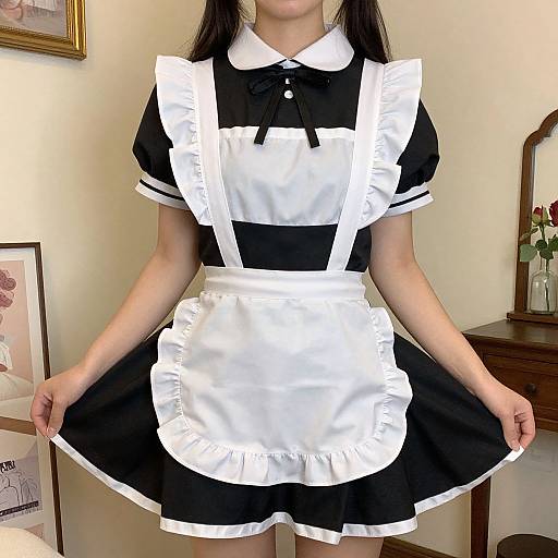 Photograph of an Asian woman in a black and white French maid outfit, standing indoors with framed pictures and a wooden table in the background.