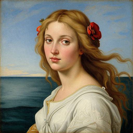 Photorealistic painting of a fair-skinned woman with wavy blonde hair, red flowers in her hair, wearing a white embroidered dress, against a
