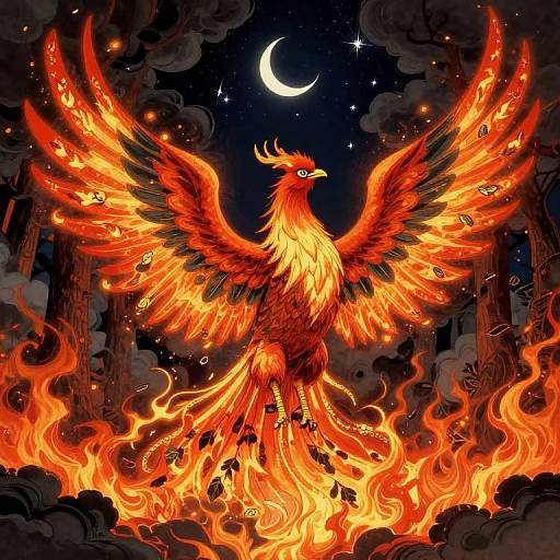 Vibrant digital illustration of a fiery phoenix with glowing red-orange wings, standing amidst flames under a crescent moon in a dark, starry forest