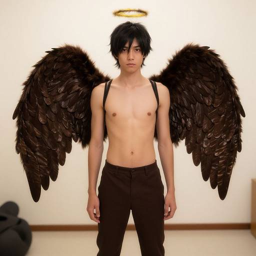 Photograph of a young, slim Asian man with black wings, halo, and black pants, standing shirtless in a plain room.