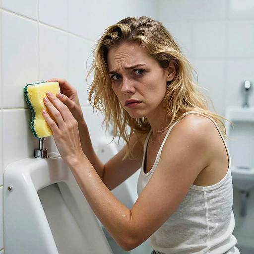 Upset Woman Cleaning Urinal with Sponge