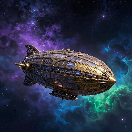 Digital artwork of a futuristic, golden airship with intricate glass windows, flying through vibrant cosmic nebulae with purple, blue, and green clouds.