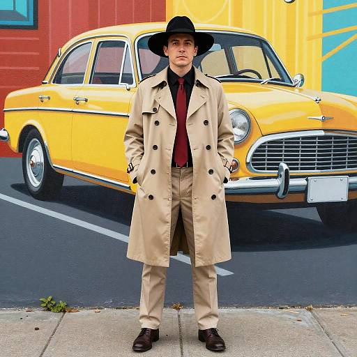 Man in Trench Coat Standing by Car Mural