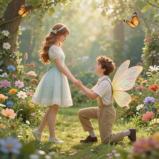 Photograph of a fairy-tale scene: a young girl with long red hair and green dress, holding hands with a boy with fairy wings, kneeling