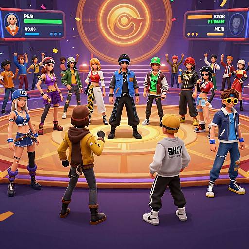 Vibrant digital cartoon of a video game battle stage featuring diverse characters in colorful outfits, standing on a glowing circular platform with health bars overhead.