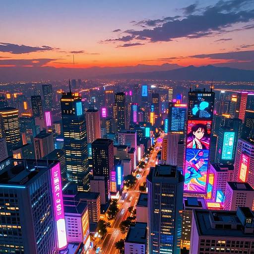 Photograph of a vibrant cityscape at sunset, featuring neon-lit skyscrapers, colorful billboards, and a busy street below, with a