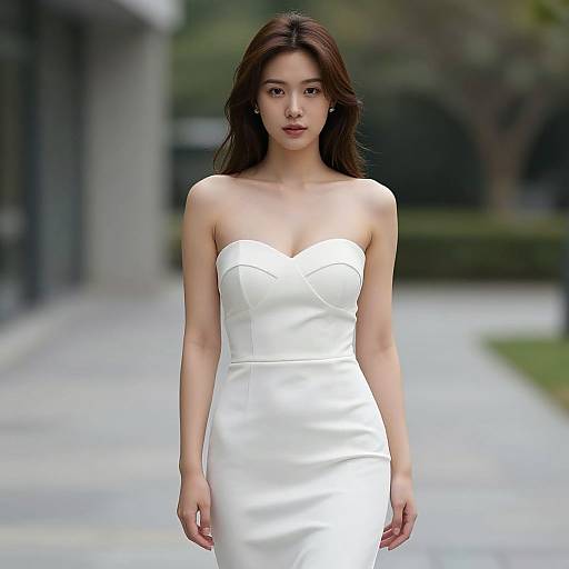 Photograph of an Asian woman with long brown hair, wearing a strapless white satin wedding dress, standing in a blurred outdoor setting.