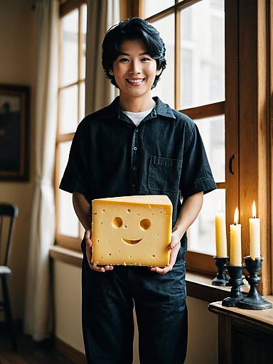 Young Man Holding Smiling Cheese Block Indoors