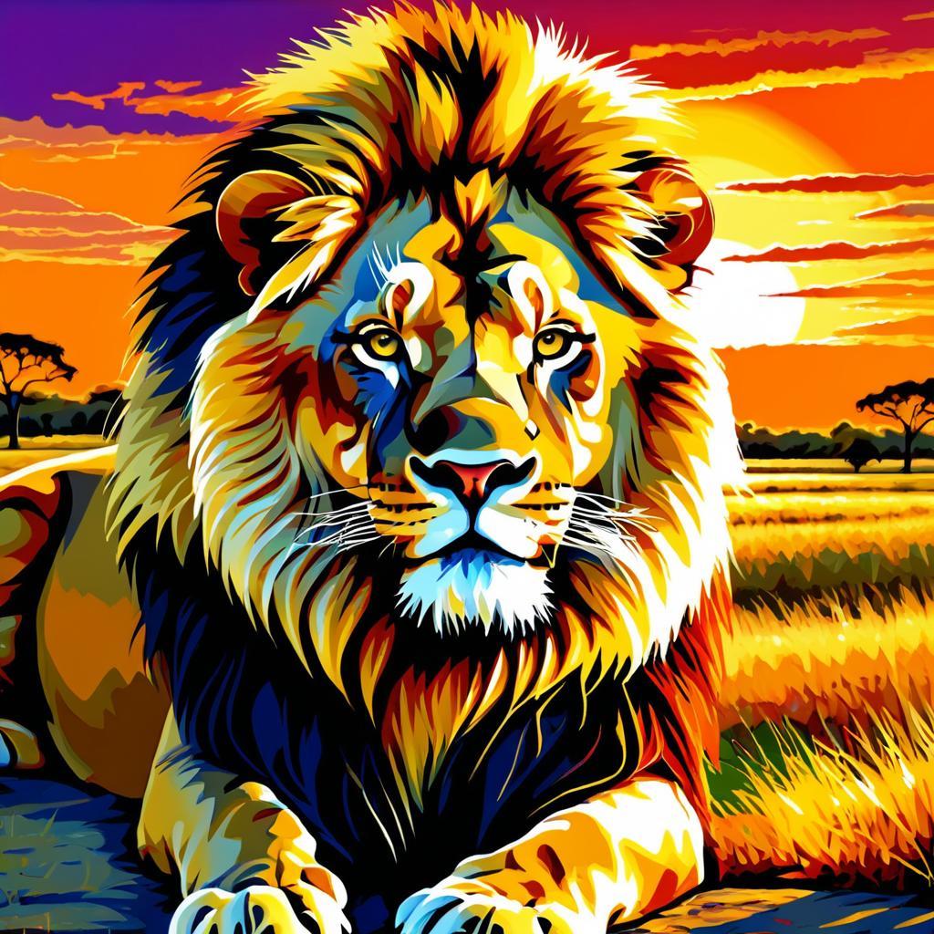 Majestic Lion in Vibrant Sunset Landscape