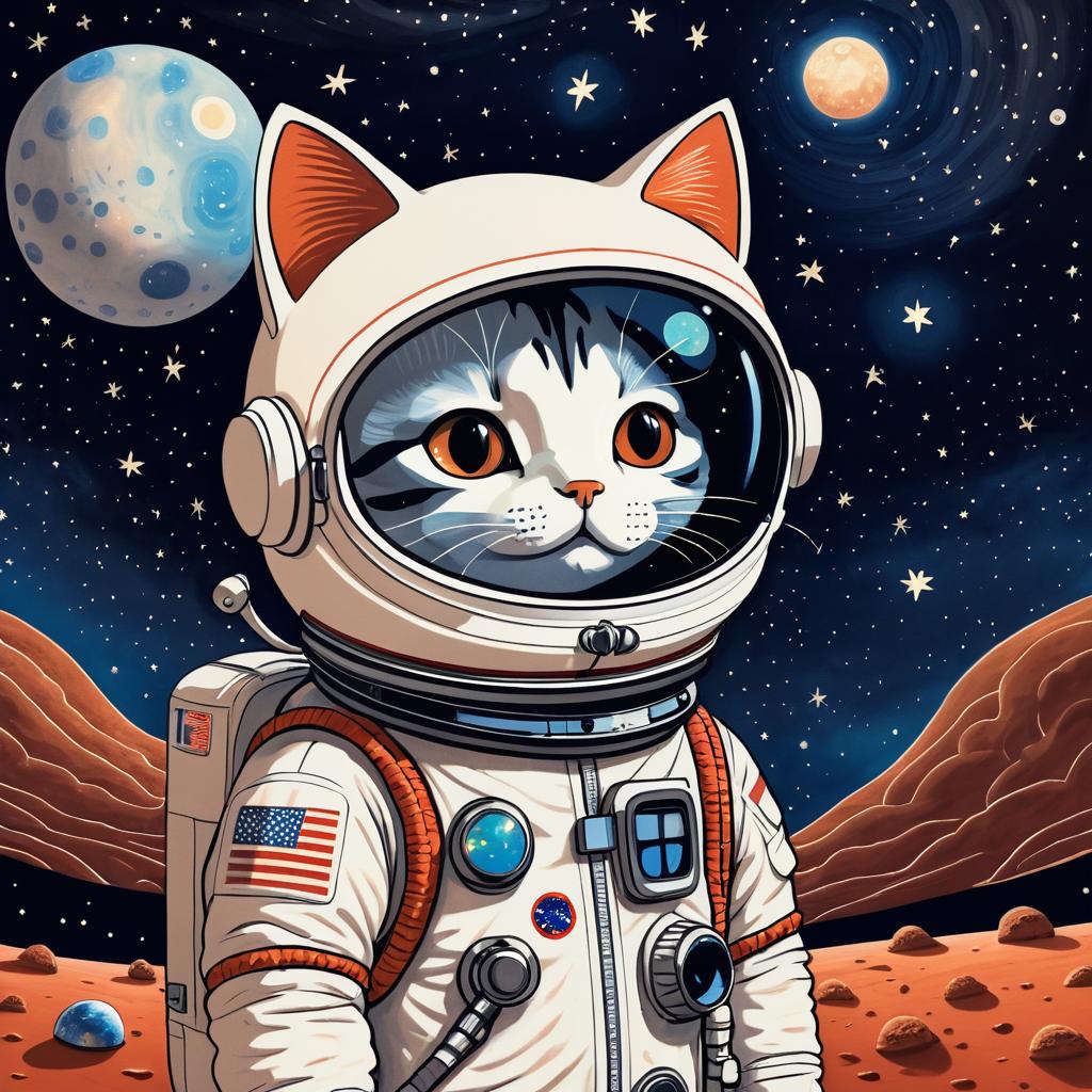 Whimsical Cat Astronaut on Mars