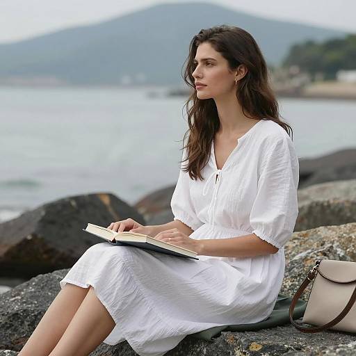 Serene Woman by the Seaside Rocks