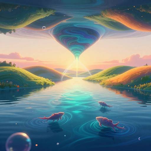 Digital artwork of two pink fish swimming in a vibrant, surreal lake with a colorful, swirling sky and radiant sunset, surrounded by green hills and floating bubbles