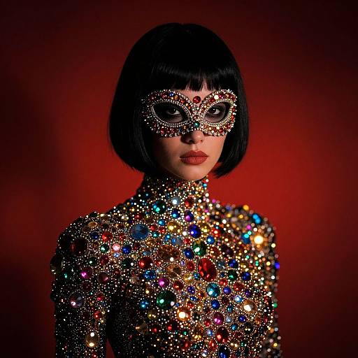 Photograph of a woman with a black bob, wearing a sparkling, multicolored beaded mask and top, against a deep red background.