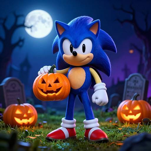  CGI image of Sonic the Hedgehog in a Halloween graveyard, holding a carved pumpkin, with full moon, glowing jack-o'-lanterns, and