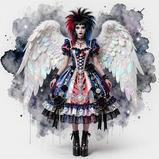 Digital art of a goth angel girl with red and blue spiky hair, white feather wings, blue and red corset dress, black lace,
