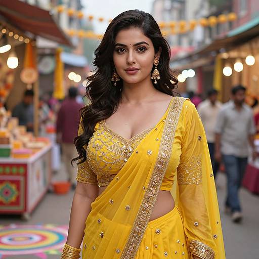 Photograph of an Indian woman with long black hair, wearing a yellow, gold-embellished traditional saree, standing in a bustling market street