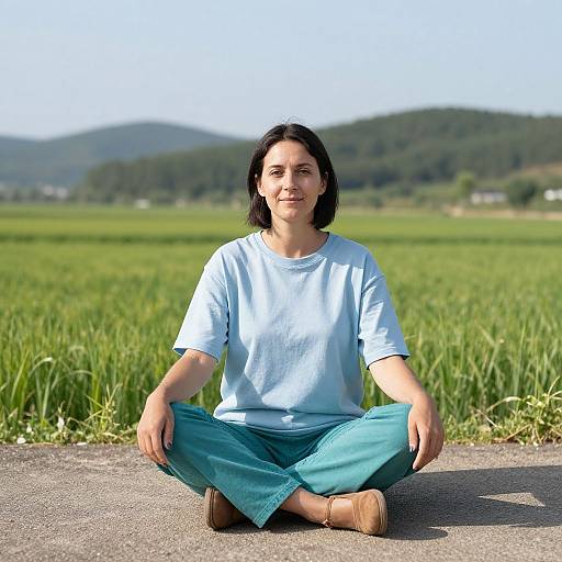 Photograph of a smiling woman with medium-length black hair, wearing a light blue shirt and teal pants, seated cross-legged on a rural road with lush