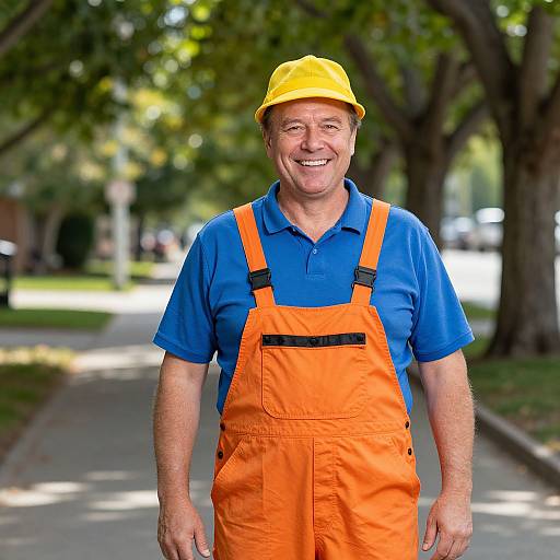 Photograph of a smiling middle-aged white man in a yellow hard hat, blue polo shirt, and orange overalls, standing on a tree-lined suburban