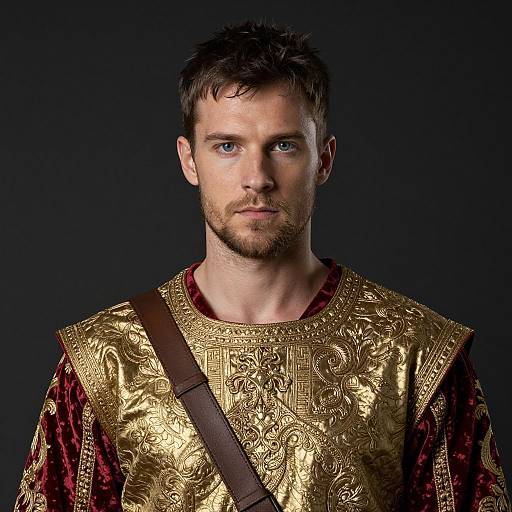 Photograph of a handsome, fair-skinned man with short brown hair and blue eyes, wearing an ornate, gold-embroidered, red