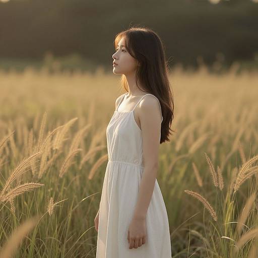 Photograph of an Asian woman with long dark hair, wearing a white sleeveless dress, standing in a sunlit field of tall golden grass, g