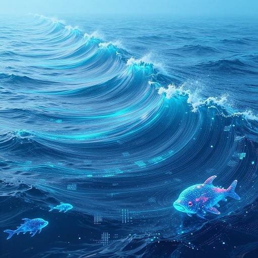 Digital artwork of a vibrant blue ocean with large waves, glowing fish, and bioluminescent patterns creating a surreal underwater scene.