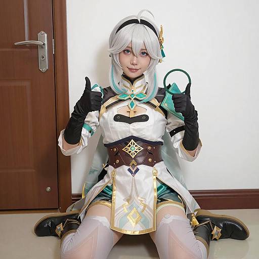 Anime Woman Sitting with Thumbs-Up