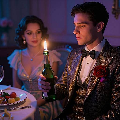 Photograph of a romantic evening: a suave man in a glittery black tux with rose boutonnière holds a lit champagne bottle,