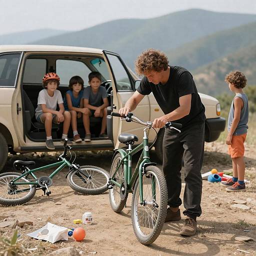 Man Fixing Bicycle on Rocky Hilltop