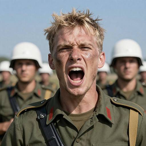 Intense Soldier Shouting Under Blue Sky