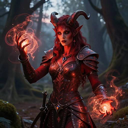 Digital fantasy artwork of a red-skinned, horned demon woman with glowing orange magic in a dark, misty forest. She wears ornate,