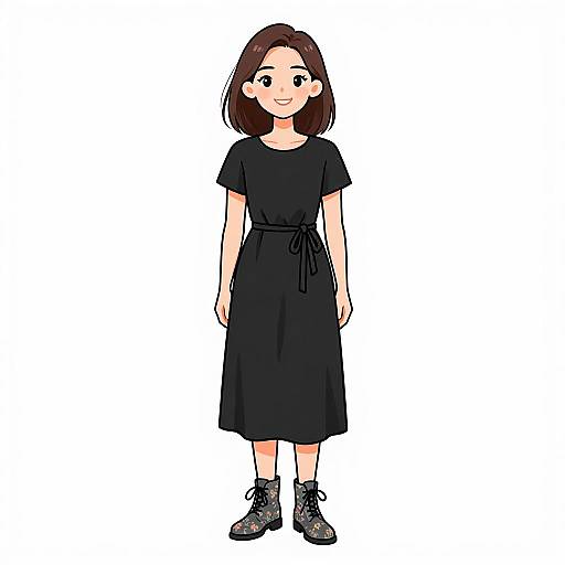 Digital anime-style drawing of a young woman with short brown hair, wearing a black short-sleeve dress, black ankle boots, and a black belt