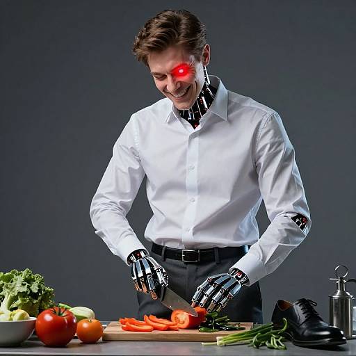 Photograph of a man with glowing red eye, white shirt, black gloves, cutting red bell peppers on a table with vegetables and a shoe, against