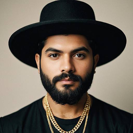 Portrait of Man in Black Hat and Gold Jewelry
