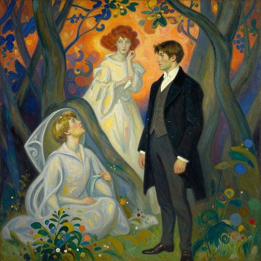 Whimsical, impressionist painting of a red-haired woman in white dress standing, a kneeling blonde woman in white, and a dark-haired man in