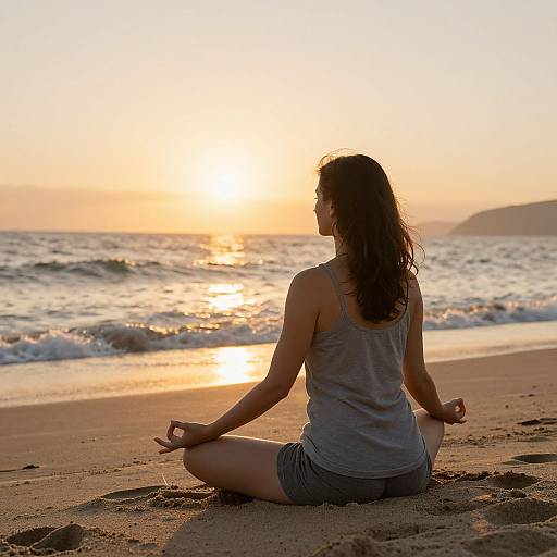 Photograph of a woman with wavy brown hair, wearing a gray tank top and shorts, sitting in a lotus position on a sandy beach at