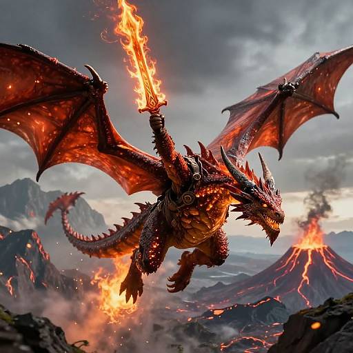 CGI fantasy artwork of a fierce, red-scaled dragon with glowing eyes and flaming sword, soaring over a volcanic mountain range.