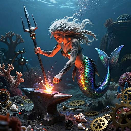Bioluminescent Mermaid Blacksmith Forging Trident
