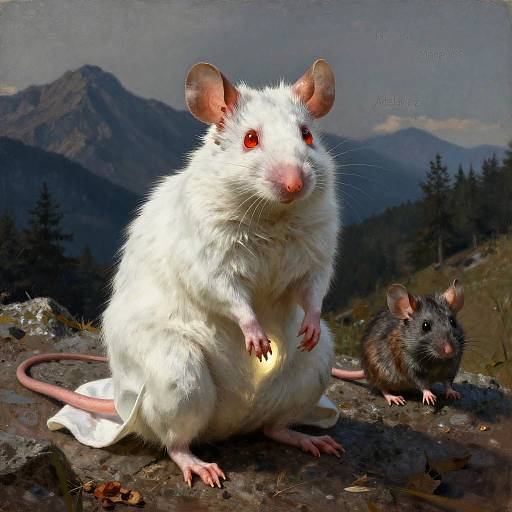 White Rat with Red Eyes in Mountain Landscape