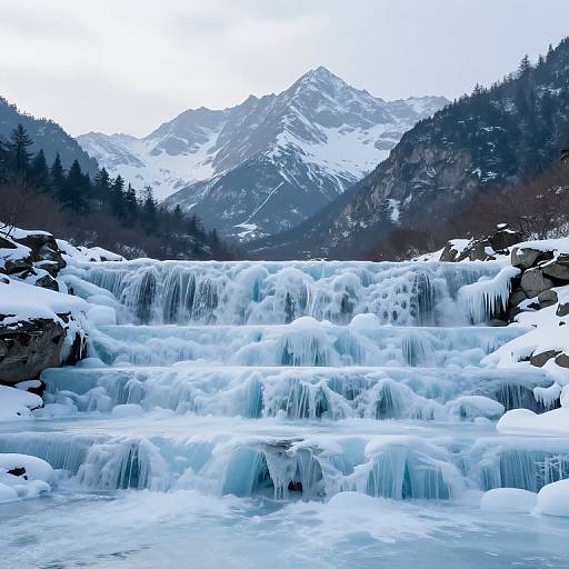 Photograph of a frozen waterfall cascading over rocks, surrounded by snow-covered mountains and evergreen trees, under a cloudy sky.