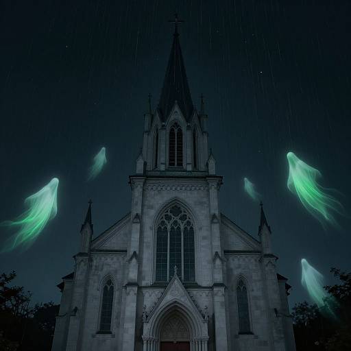 Photograph of a Gothic-style church at night, illuminated by ethereal green ghostly figures floating in the rain.