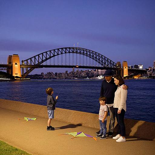 Photograph of a family with a child flying kites by the Sydney Harbour Bridge at dusk, with city lights in the background.