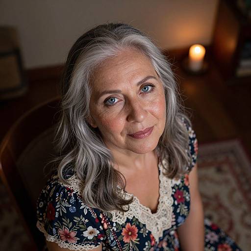 Photograph of a smiling middle-aged woman with silver hair, blue eyes, wearing a floral dress with lace trim, seated in a warmly lit, cozy