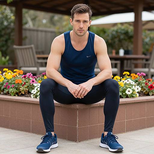 Photograph of a muscular, brown-haired man in a black Nike tank top and black leggings, sitting on a brick planter, surrounded by colorful flowers