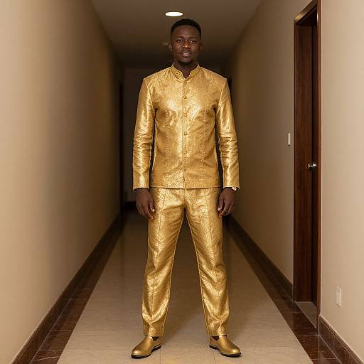 Photograph of a Black man standing in a hallway, wearing a shiny, gold textured suit and matching shoes, with a serious expression.