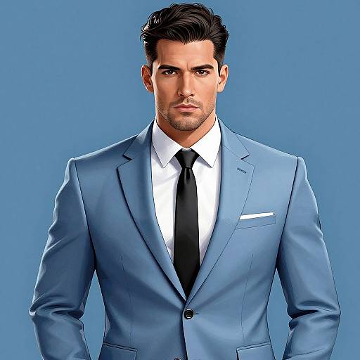 Digital illustration of a handsome man with dark hair, light skin, and stubble, wearing a blue suit, white shirt, and black tie, against