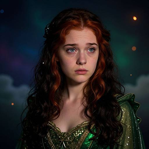 Photograph of a young woman with long, wavy red hair, pale skin, and blue eyes, wearing a green, glittery dress, set